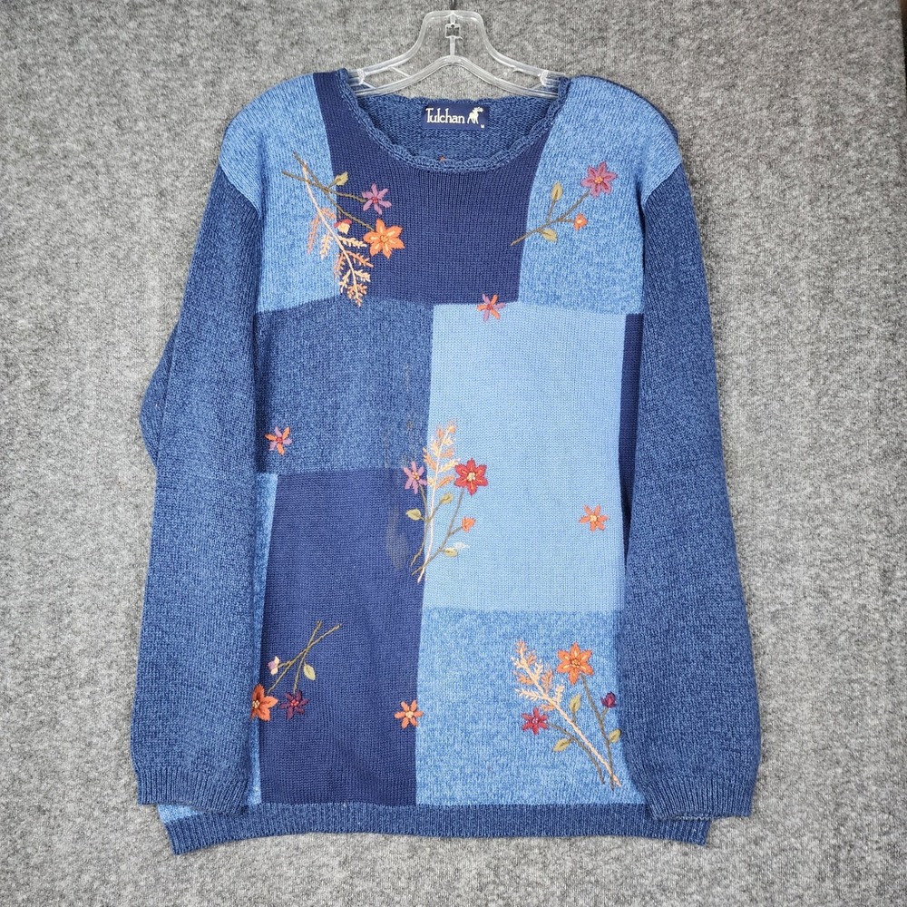 Tulchan Patchwork Floral Embroidered Sweater‎ Womens Medium Blue Cottagecore